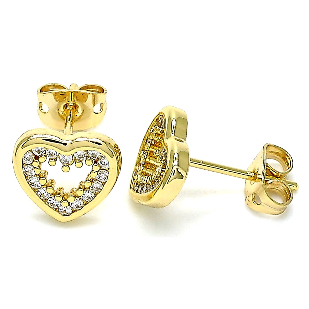 Oro Laminado Stud Earring, Gold Filled Style Heart Design, with White Micro Pave, Polished, Golden Finish