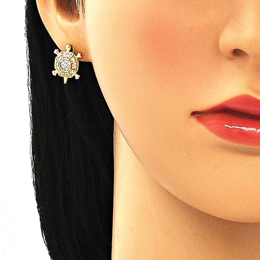 Oro Laminado Earring and Pendant Adult Set, Gold Filled Style Turtle Design, with White Micro Pave, Polished, Golden Finish