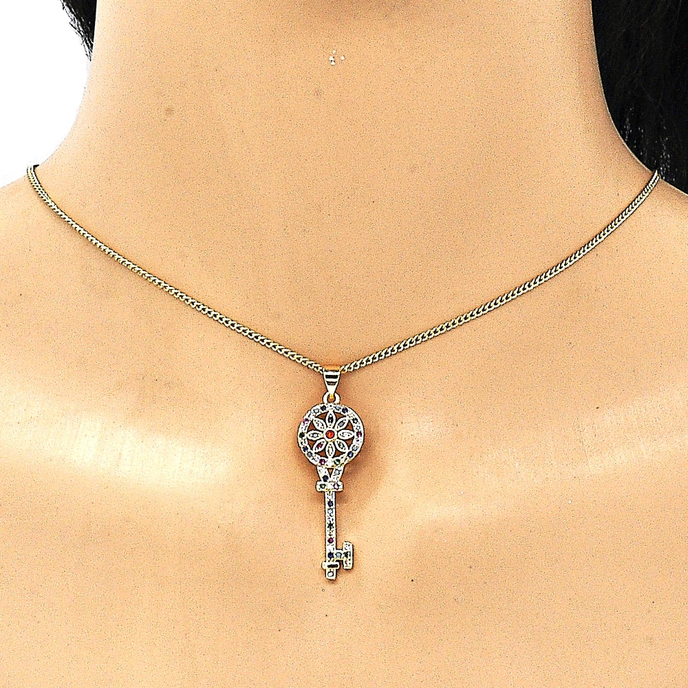 Oro Laminado Pendant Necklace, Gold Filled Style key and Flower Design, with Multicolor Micro Pave, Polished, Golden Finish