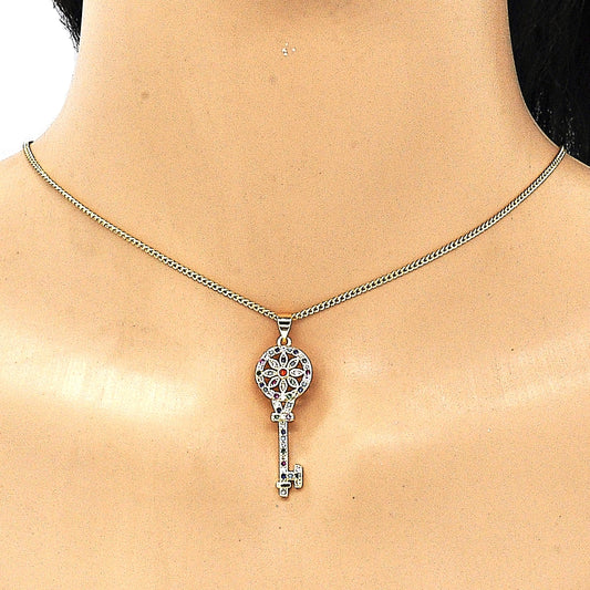 Oro Laminado Pendant Necklace, Gold Filled Style key and Flower Design, with Multicolor Micro Pave, Polished, Golden Finish