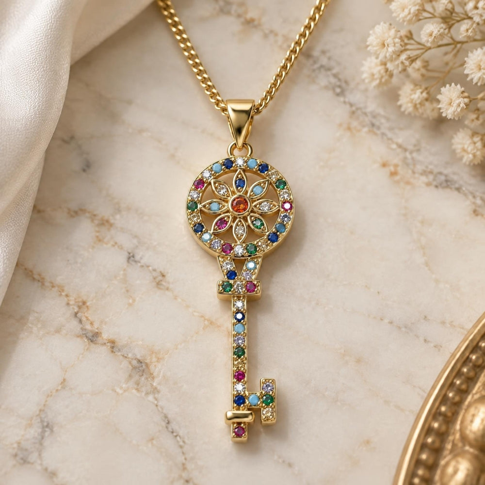 Oro Laminado Pendant Necklace, Gold Filled Style key and Flower Design, with Multicolor Micro Pave, Polished, Golden Finish