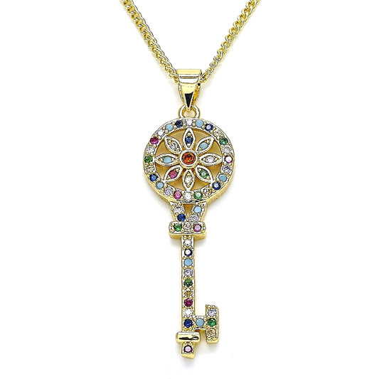 Oro Laminado Pendant Necklace, Gold Filled Style key and Flower Design, with Multicolor Micro Pave, Polished, Golden Finish