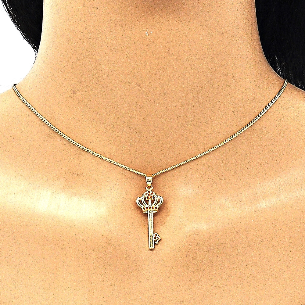 Oro Laminado Pendant Necklace, Gold Filled Style key and Crown Design, with Garnet Micro Pave, Polished, Golden Finish