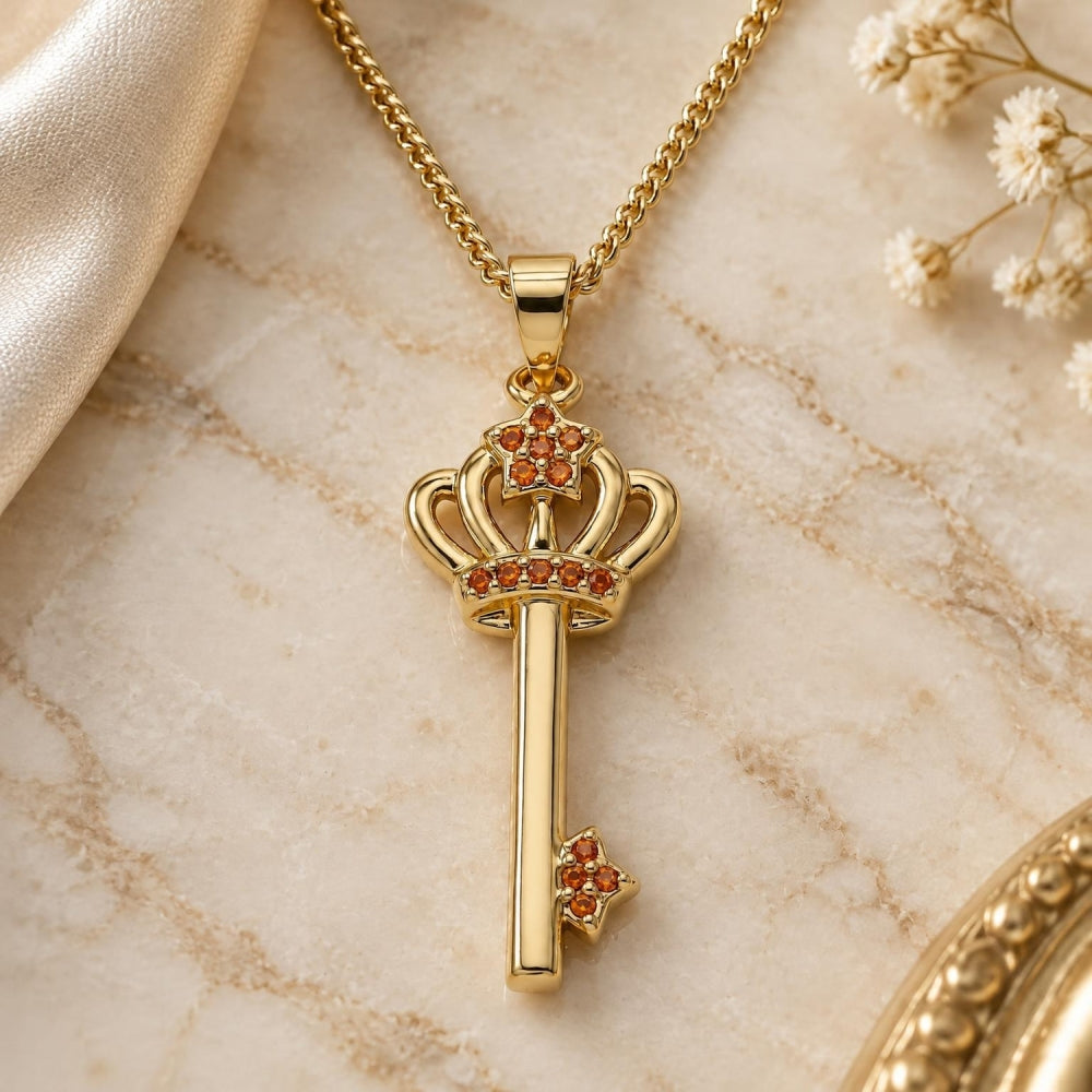 Oro Laminado Pendant Necklace, Gold Filled Style key and Crown Design, with Garnet Micro Pave, Polished, Golden Finish
