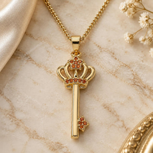 Oro Laminado Pendant Necklace, Gold Filled Style key and Crown Design, with Garnet Micro Pave, Polished, Golden Finish
