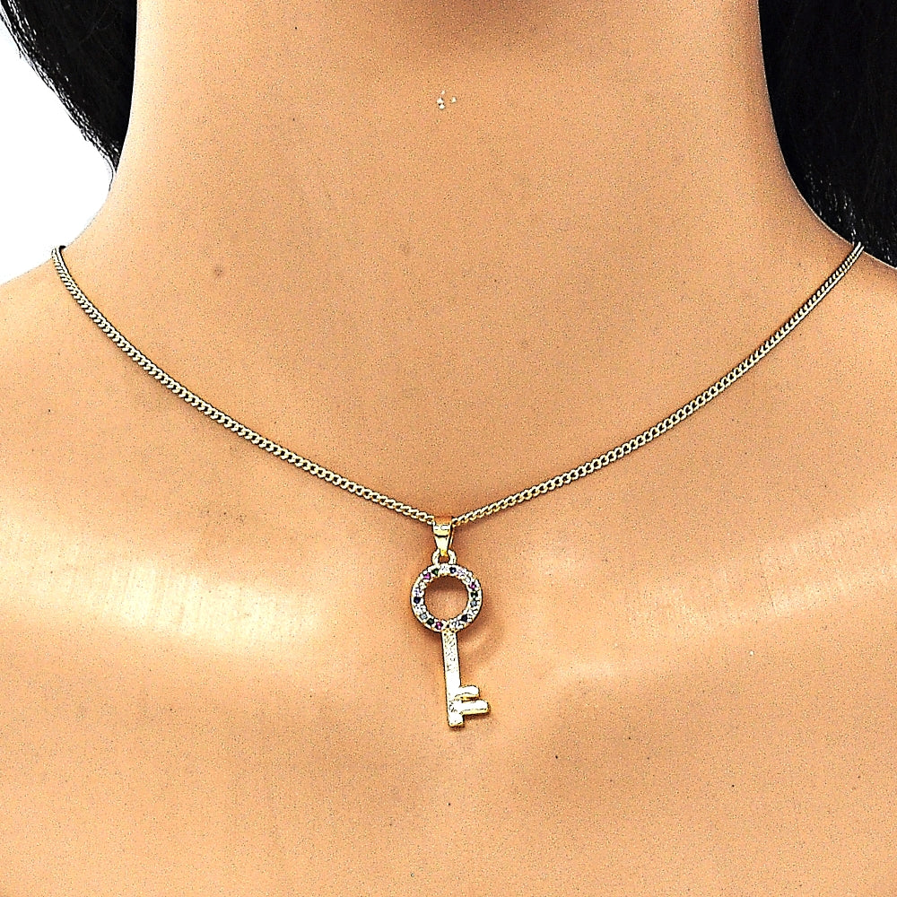 Oro Laminado Pendant Necklace, Gold Filled Style key Design, with Multicolor Micro Pave, Polished, Golden Finish