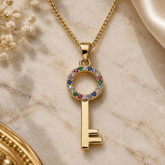 Oro Laminado Pendant Necklace, Gold Filled Style key Design, with Multicolor Micro Pave, Polished, Golden Finish