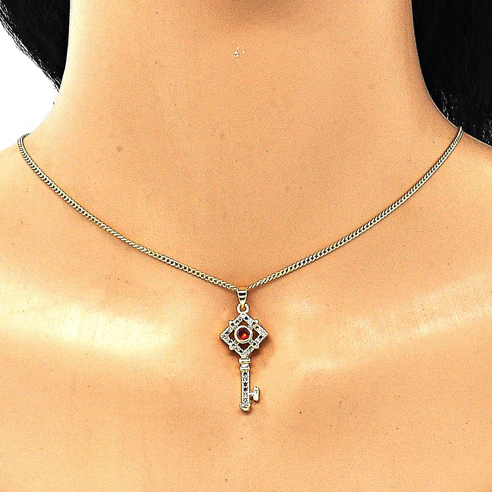 Oro Laminado Pendant Necklace, Gold Filled Style key Design, with Multicolor Micro Pave, Polished, Golden Finish