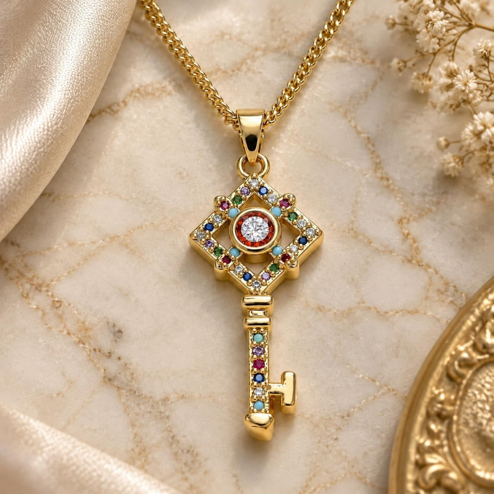 Oro Laminado Pendant Necklace, Gold Filled Style key Design, with Multicolor Micro Pave, Polished, Golden Finish