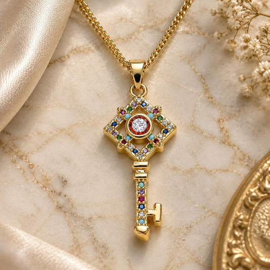 Oro Laminado Pendant Necklace, Gold Filled Style key Design, with Multicolor Micro Pave, Polished, Golden Finish