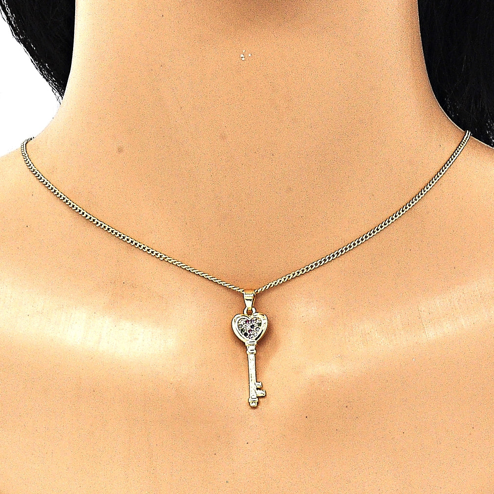Oro Laminado Pendant Necklace, Gold Filled Style key and Heart Design, with Multicolor Micro Pave, Polished, Golden Finish