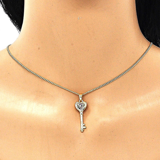 Oro Laminado Pendant Necklace, Gold Filled Style key and Heart Design, with Multicolor Micro Pave, Polished, Golden Finish