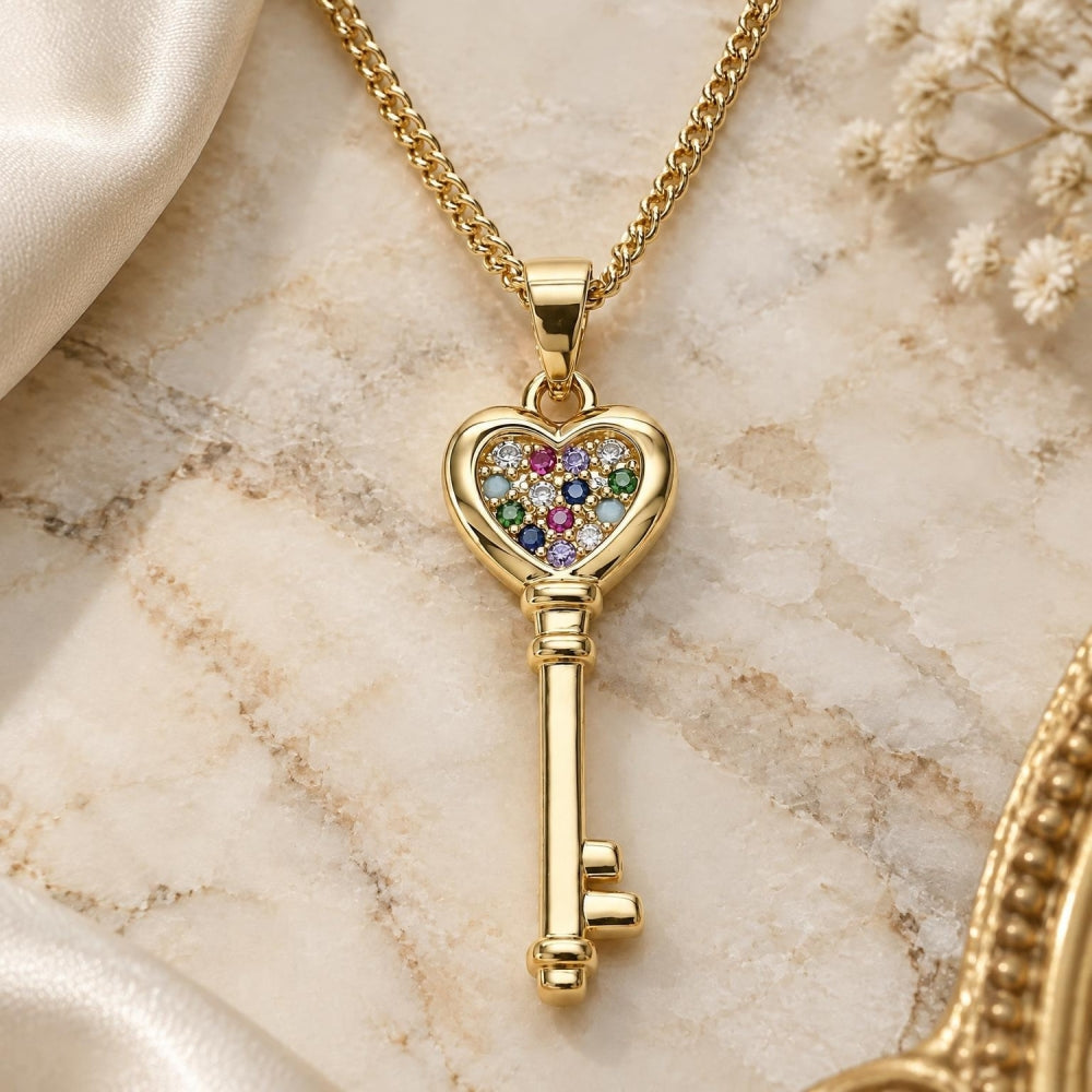 Oro Laminado Pendant Necklace, Gold Filled Style key and Heart Design, with Multicolor Micro Pave, Polished, Golden Finish