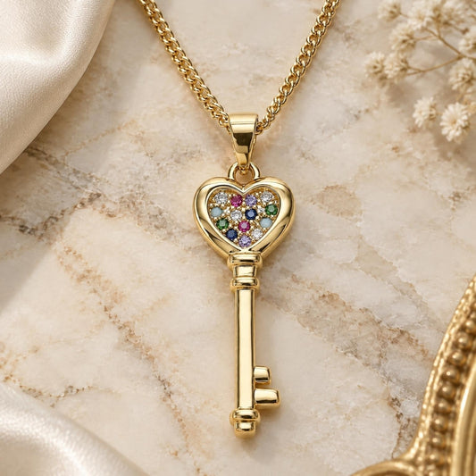 Oro Laminado Pendant Necklace, Gold Filled Style key and Heart Design, with Multicolor Micro Pave, Polished, Golden Finish