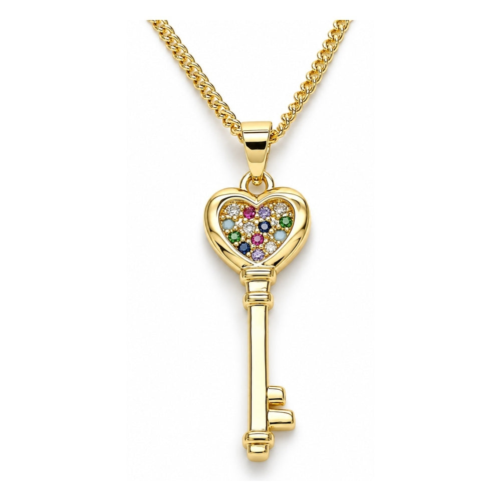 Oro Laminado Pendant Necklace, Gold Filled Style key and Heart Design, with Multicolor Micro Pave, Polished, Golden Finish