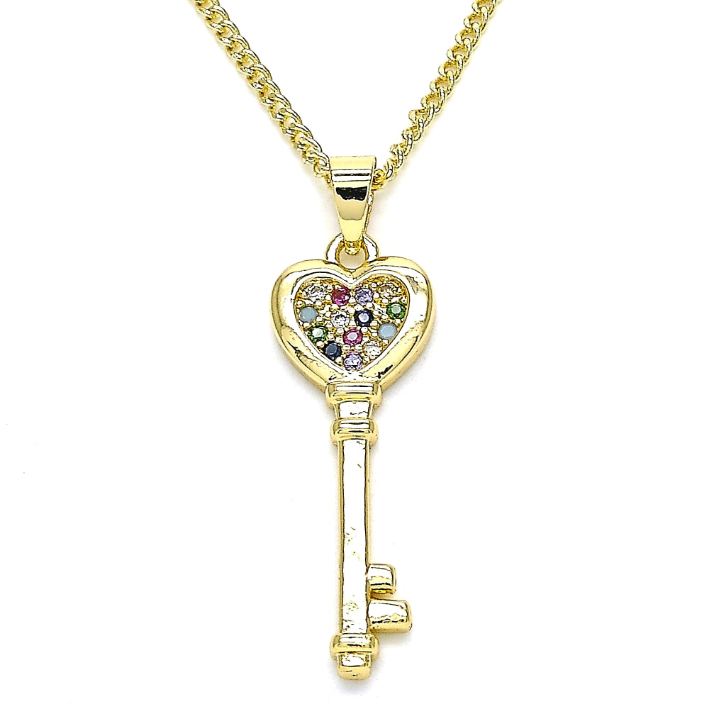 Oro Laminado Pendant Necklace, Gold Filled Style key and Heart Design, with Multicolor Micro Pave, Polished, Golden Finish