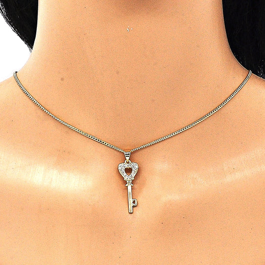 Oro Laminado Pendant Necklace, Gold Filled Style key and Heart Design, with White Micro Pave, Polished, Golden Finish