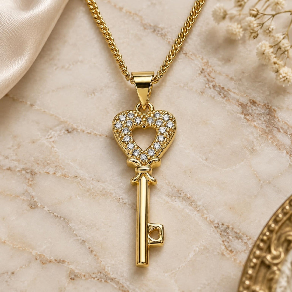 Oro Laminado Pendant Necklace, Gold Filled Style key and Heart Design, with White Micro Pave, Polished, Golden Finish