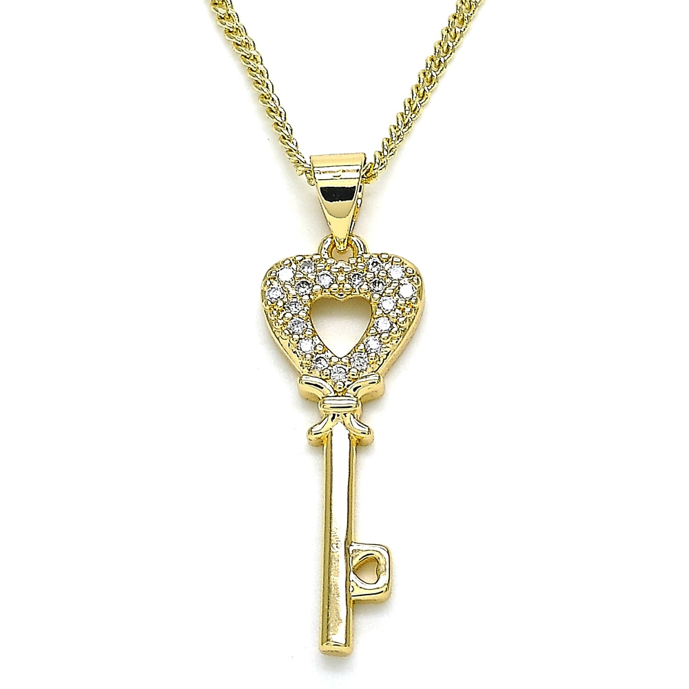 Oro Laminado Pendant Necklace, Gold Filled Style key and Heart Design, with White Micro Pave, Polished, Golden Finish