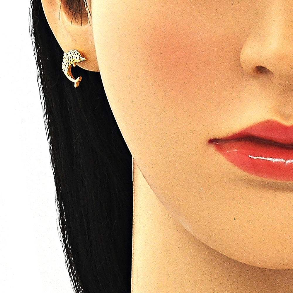 Oro Laminado Stud Earring, Gold Filled Style Dolphin Design, with White Micro Pave, Polished, Golden Finish
