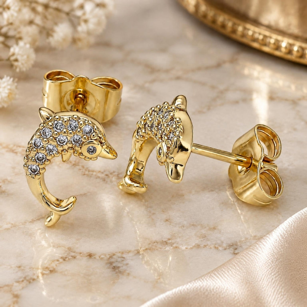 Oro Laminado Stud Earring, Gold Filled Style Dolphin Design, with White Micro Pave, Polished, Golden Finish