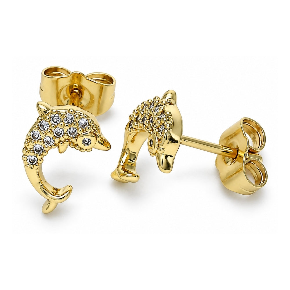 Oro Laminado Stud Earring, Gold Filled Style Dolphin Design, with White Micro Pave, Polished, Golden Finish