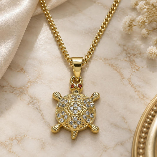 Oro Laminado Pendant Necklace, Gold Filled Style Turtle Design, with White and Garnet Micro Pave, Polished, Golden Finish