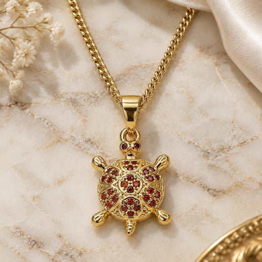 Oro Laminado Pendant Necklace, Gold Filled Style Turtle Design, with Garnet Micro Pave, Polished, Golden Finish