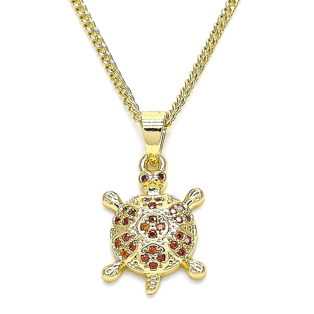 Oro Laminado Pendant Necklace, Gold Filled Style Turtle Design, with Garnet Micro Pave, Polished, Golden Finish