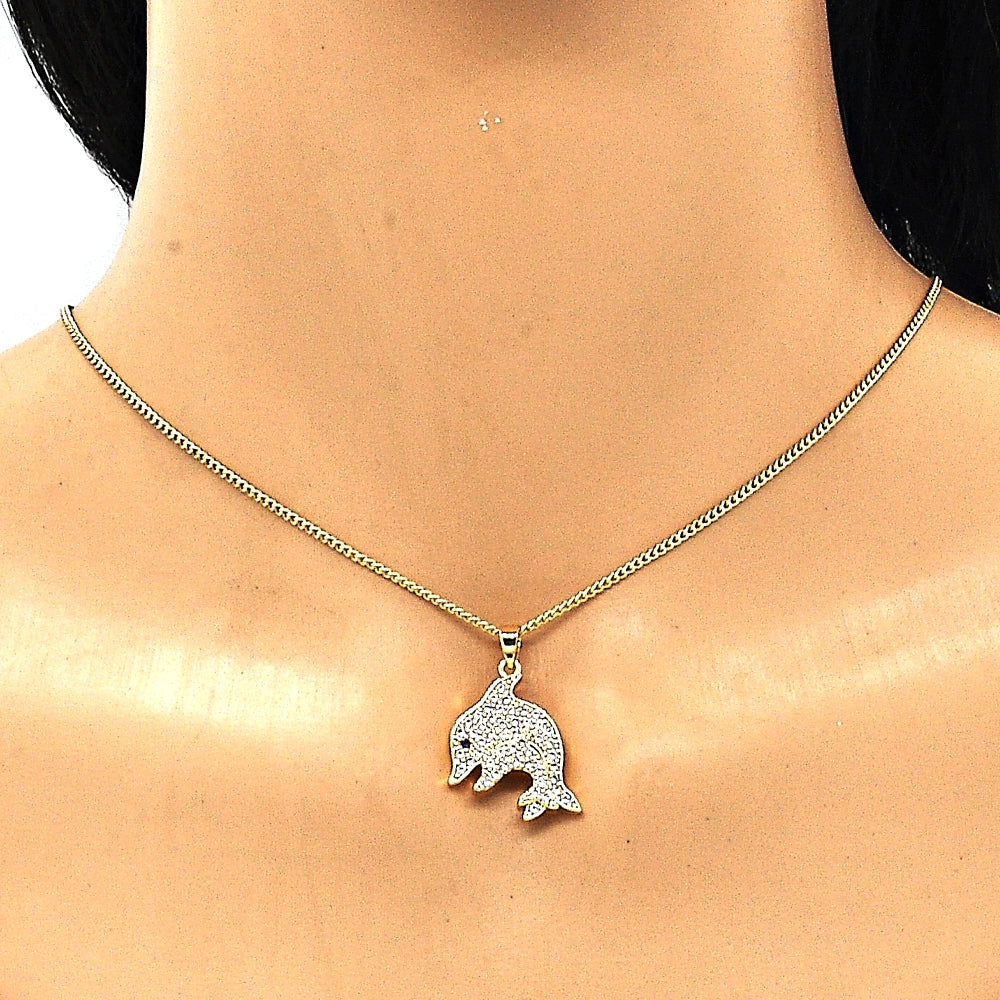 Oro Laminado Pendant Necklace, Gold Filled Style Dolphin Design, with White and Sapphire Blue Micro Pave, Polished, Golden Finish