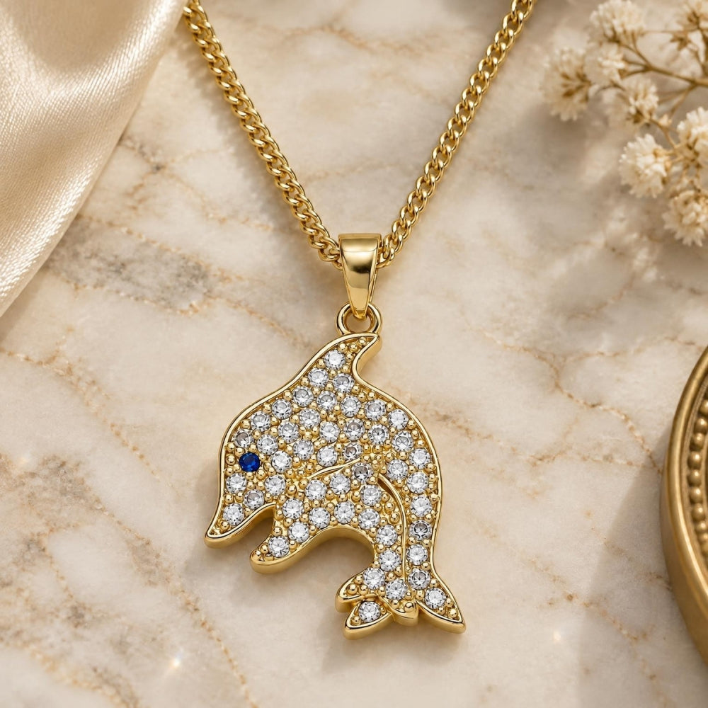 Oro Laminado Pendant Necklace, Gold Filled Style Dolphin Design, with White and Sapphire Blue Micro Pave, Polished, Golden Finish