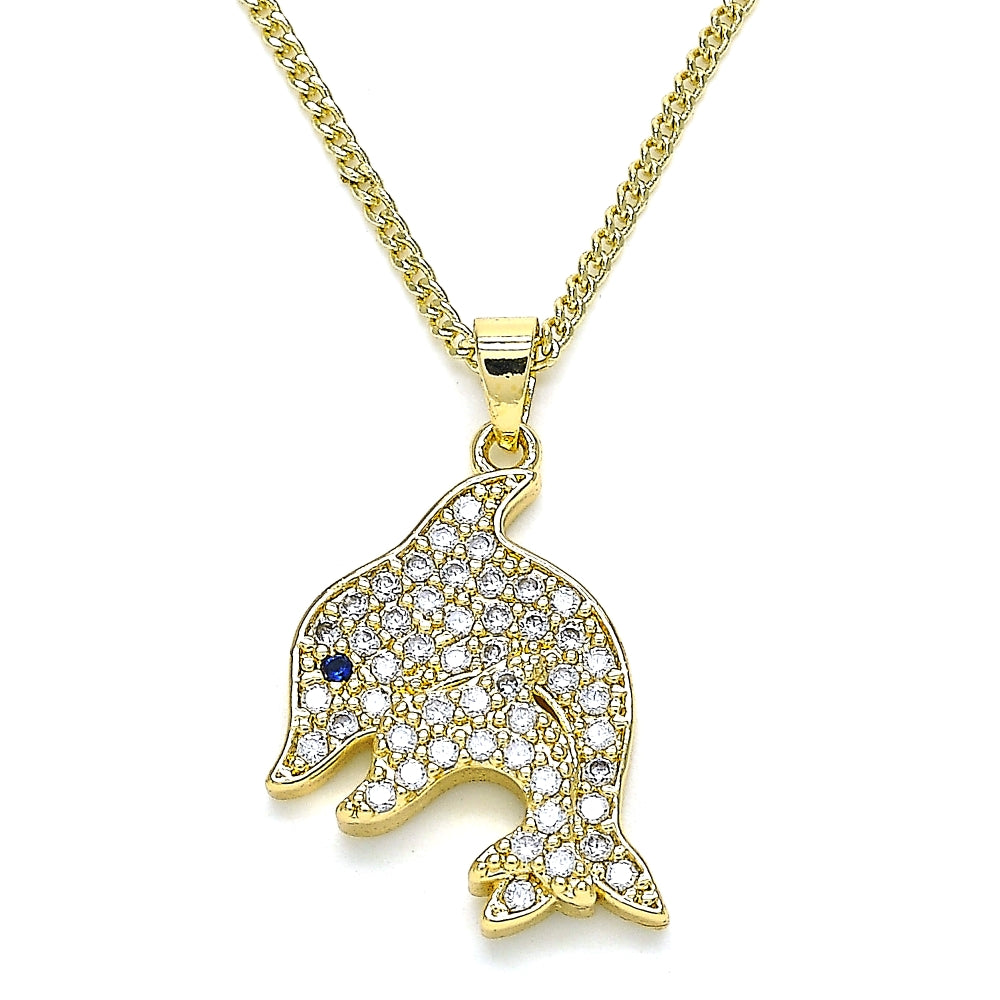 Oro Laminado Pendant Necklace, Gold Filled Style Dolphin Design, with White and Sapphire Blue Micro Pave, Polished, Golden Finish