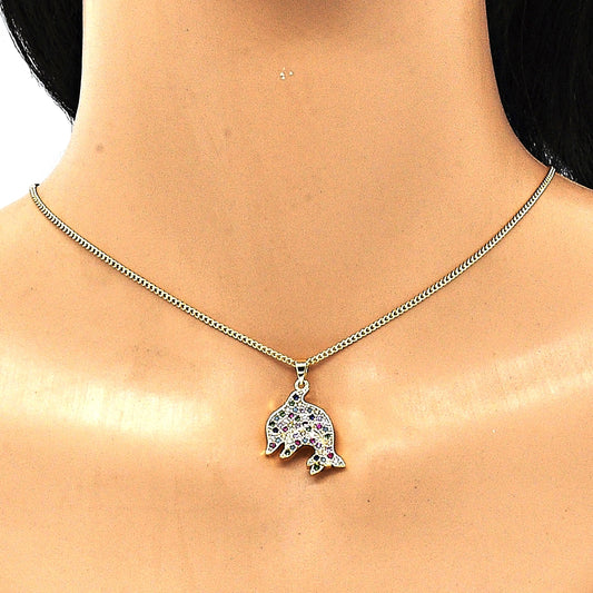 Oro Laminado Pendant Necklace, Gold Filled Style Dolphin Design, with Multicolor Micro Pave, Polished, Golden Finish