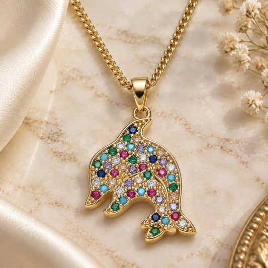Oro Laminado Pendant Necklace, Gold Filled Style Dolphin Design, with Multicolor Micro Pave, Polished, Golden Finish