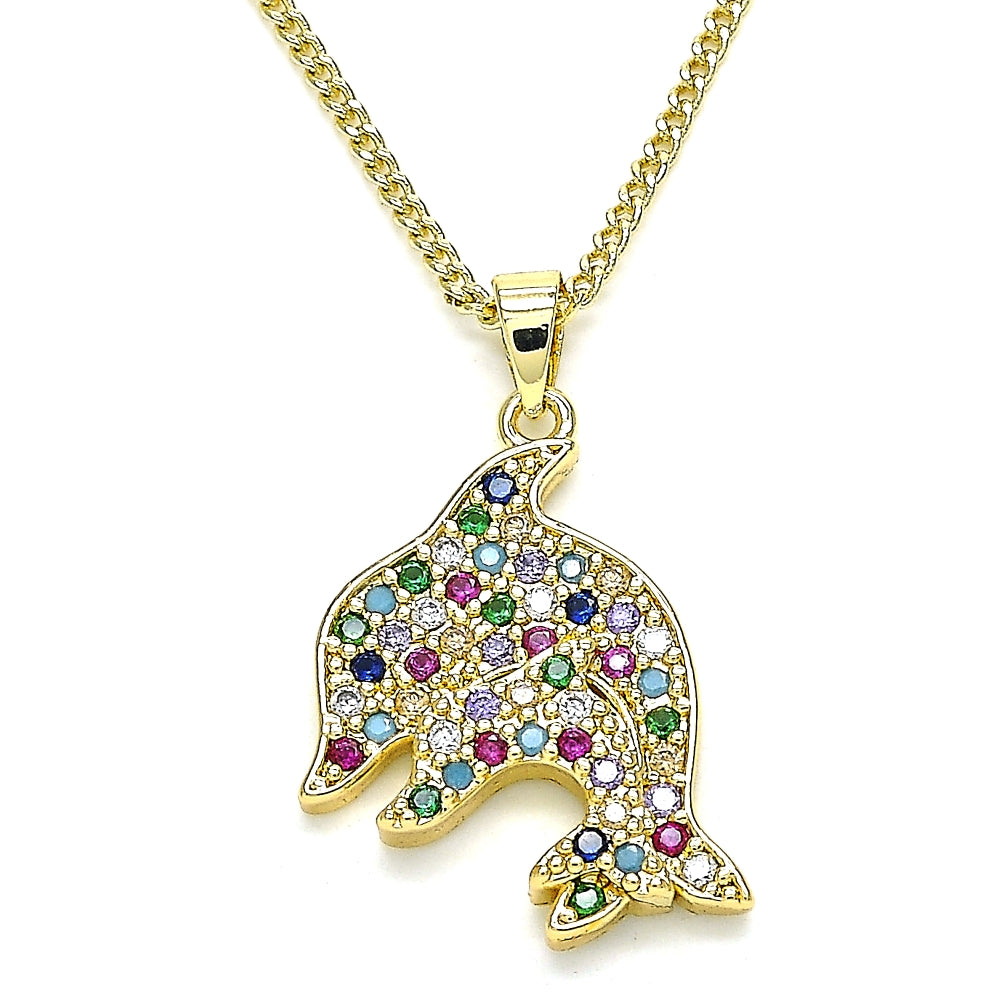 Oro Laminado Pendant Necklace, Gold Filled Style Dolphin Design, with Multicolor Micro Pave, Polished, Golden Finish