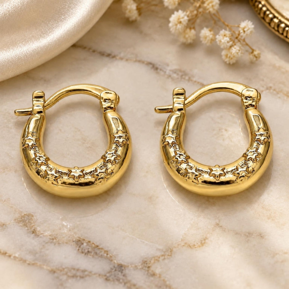 Oro Laminado Small Hoop, Gold Filled Style Star Design, Polished, Golden Finish