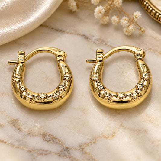 Oro Laminado Small Hoop, Gold Filled Style Star Design, Polished, Golden Finish