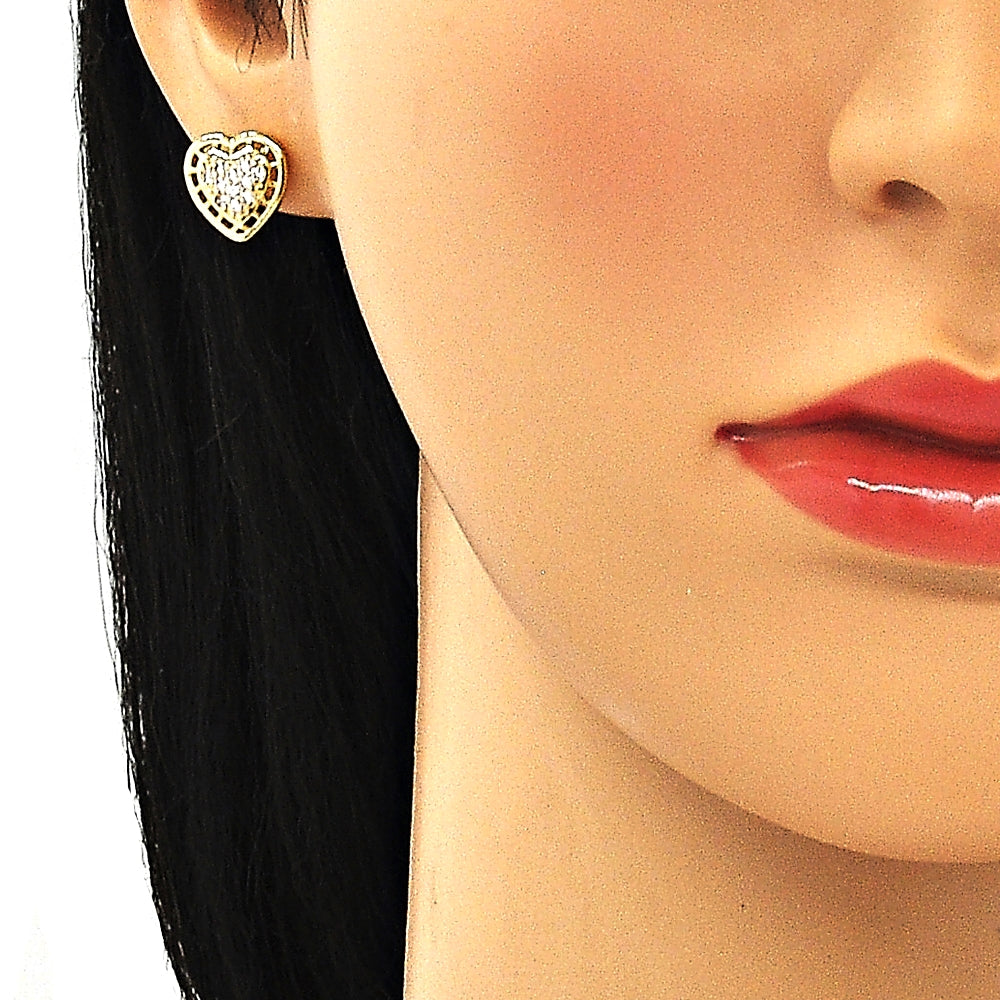 Oro Laminado Stud Earring, Gold Filled Style Heart Design, with White Micro Pave, Polished, Golden Finish