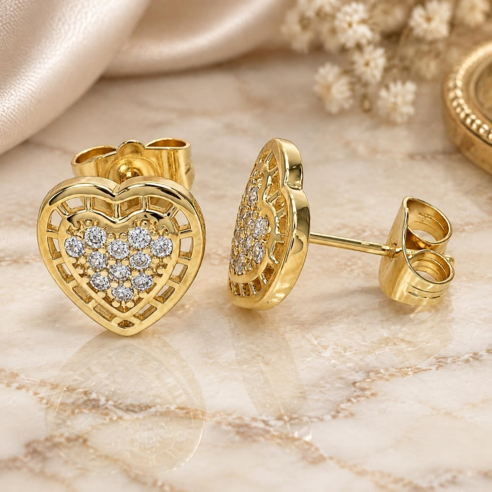 Oro Laminado Stud Earring, Gold Filled Style Heart Design, with White Micro Pave, Polished, Golden Finish
