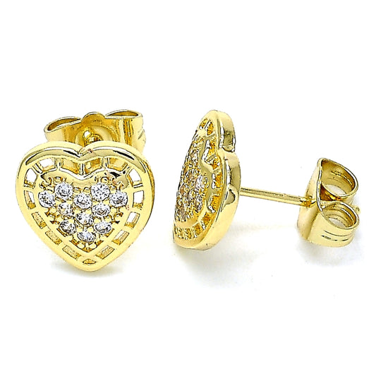 Oro Laminado Stud Earring, Gold Filled Style Heart Design, with White Micro Pave, Polished, Golden Finish