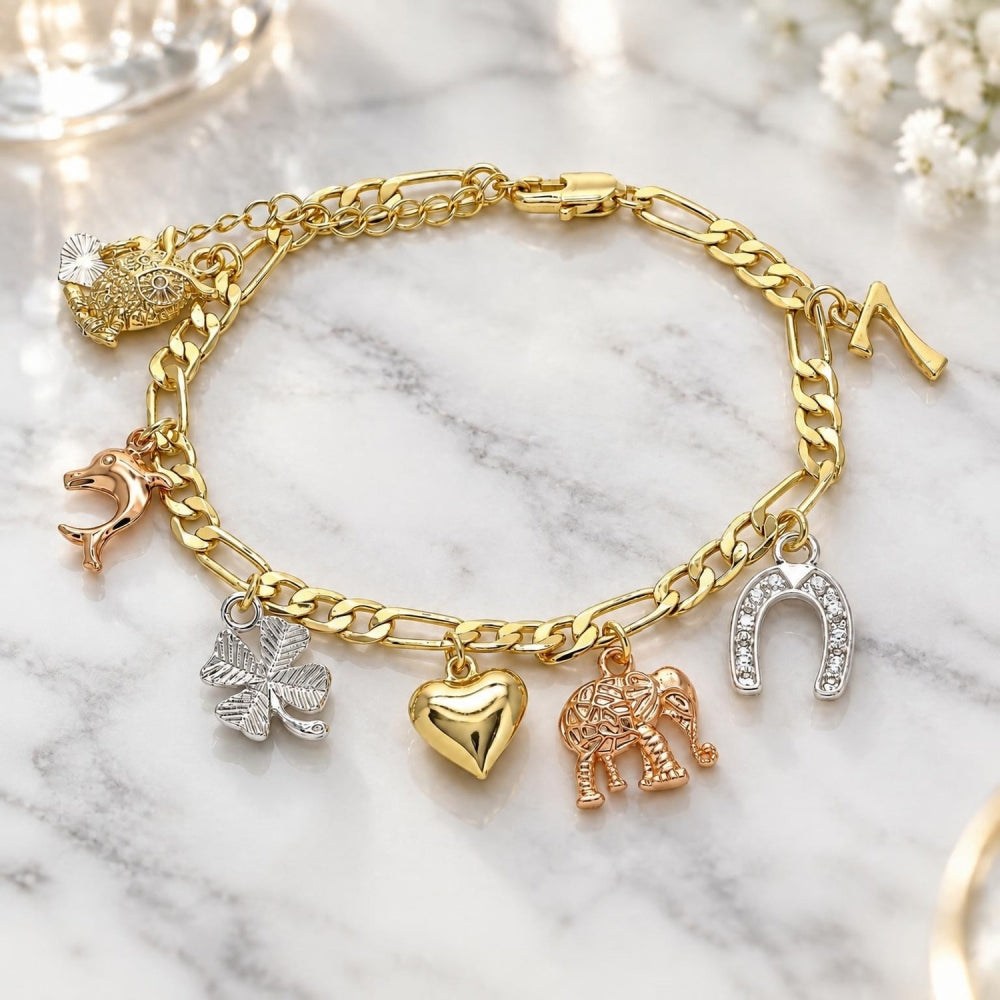 Oro Laminado Charm Bracelet, Gold Filled Style Heart and Elephant Design, Polished, Tricolor