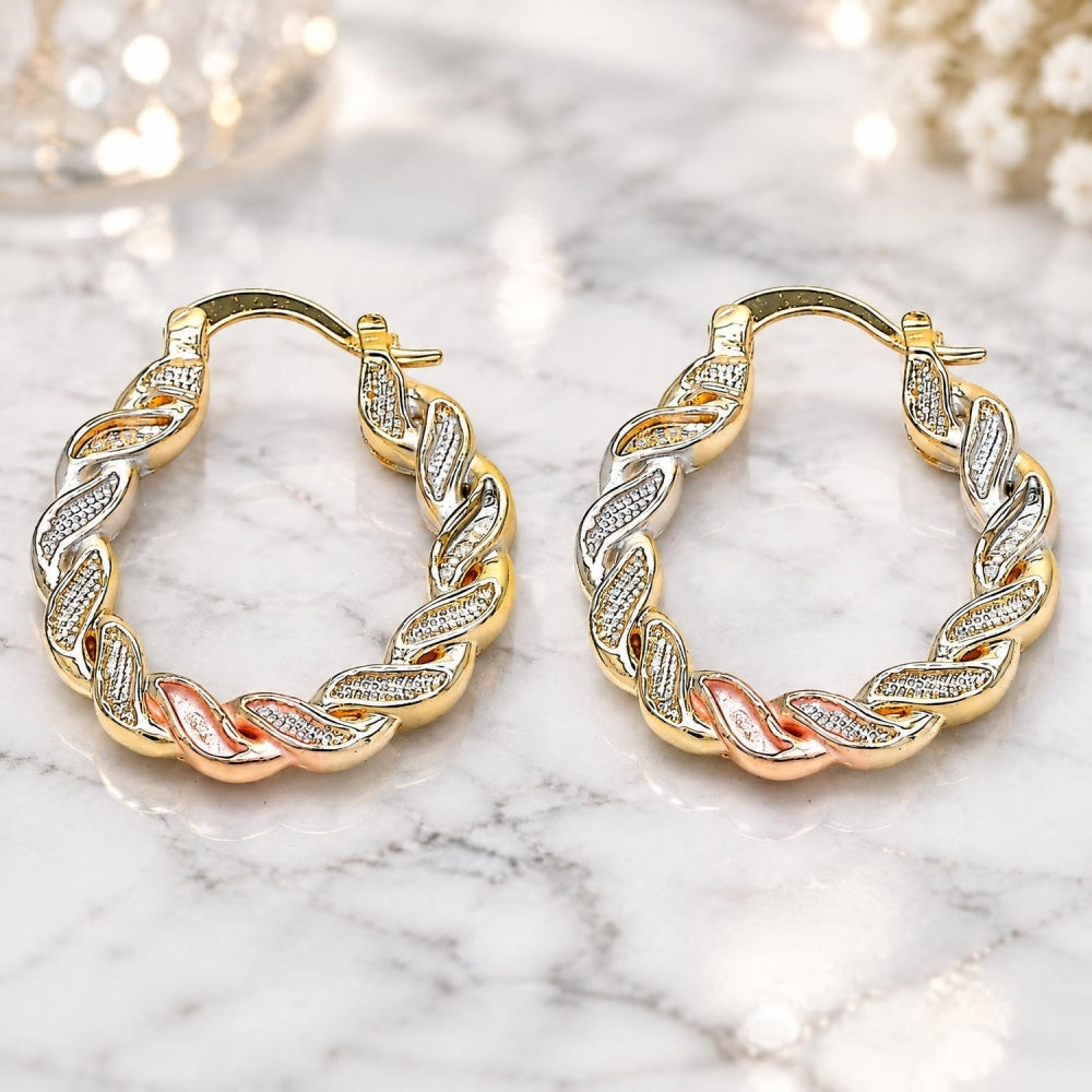Oro Laminado Small Hoop, Gold Filled Style Twist Design, Polished, Tricolor