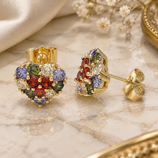 Oro Laminado Stud Earring, Gold Filled Style with Multicolor Cubic Zirconia, Polished, Golden Finish