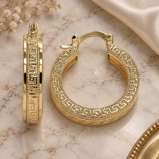 Oro Laminado Small Hoop, Gold Filled Style Greek Key Design, Polished, Golden Finish