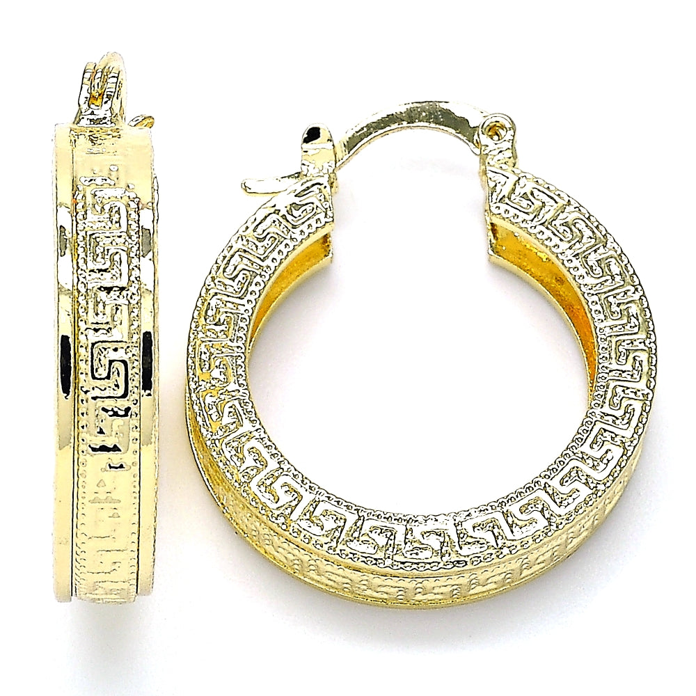 Oro Laminado Small Hoop, Gold Filled Style Greek Key Design, Polished, Golden Finish
