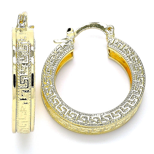 Oro Laminado Small Hoop, Gold Filled Style Greek Key Design, Polished, Golden Finish