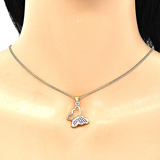 Oro Laminado Pendant Necklace, Gold Filled Style Butterfly Design, with Ruby Micro Pave, Polished, Golden Finish