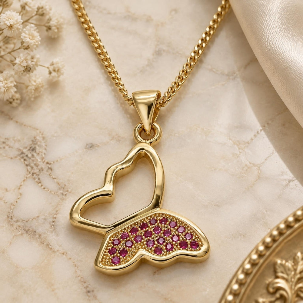 Oro Laminado Pendant Necklace, Gold Filled Style Butterfly Design, with Ruby Micro Pave, Polished, Golden Finish