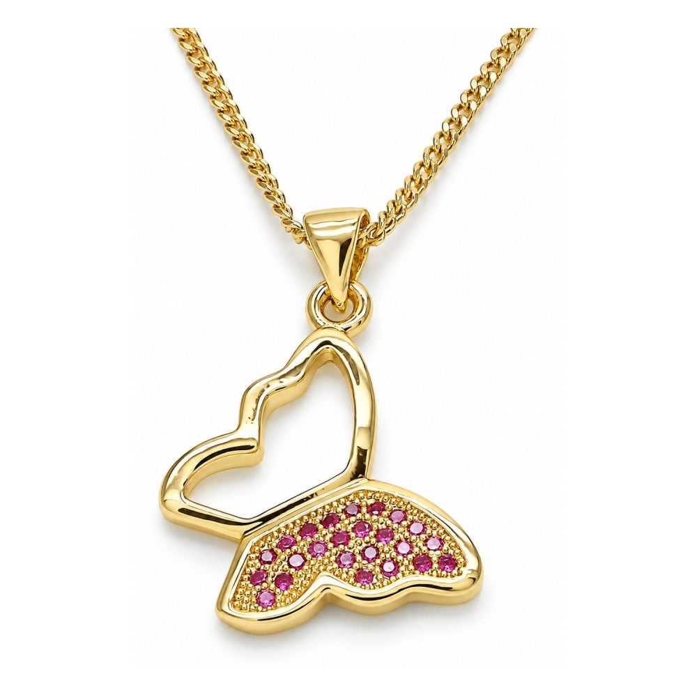 Oro Laminado Pendant Necklace, Gold Filled Style Butterfly Design, with Ruby Micro Pave, Polished, Golden Finish