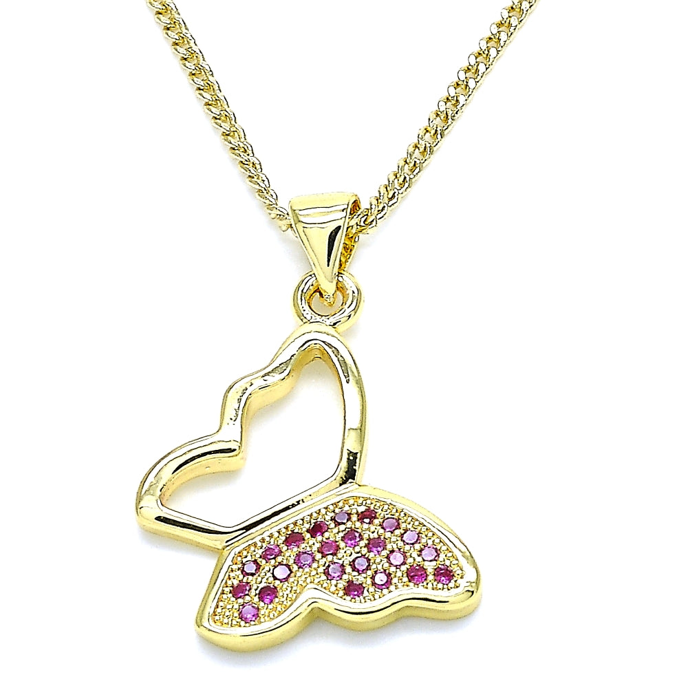 Oro Laminado Pendant Necklace, Gold Filled Style Butterfly Design, with Ruby Micro Pave, Polished, Golden Finish